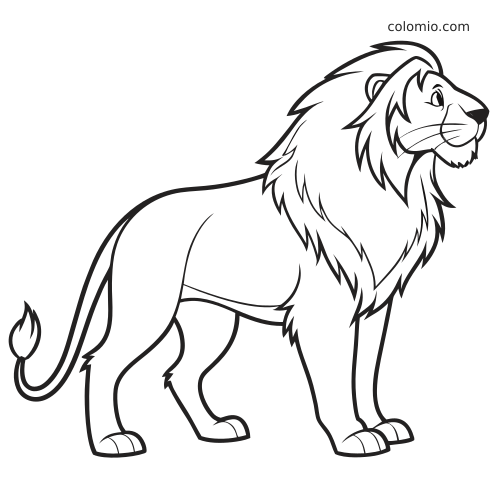 Prosty rysunek liniowy przedstawiający stojącego lwa z dużą grzywą, widocznego z boku, do kolorowania po numerach.