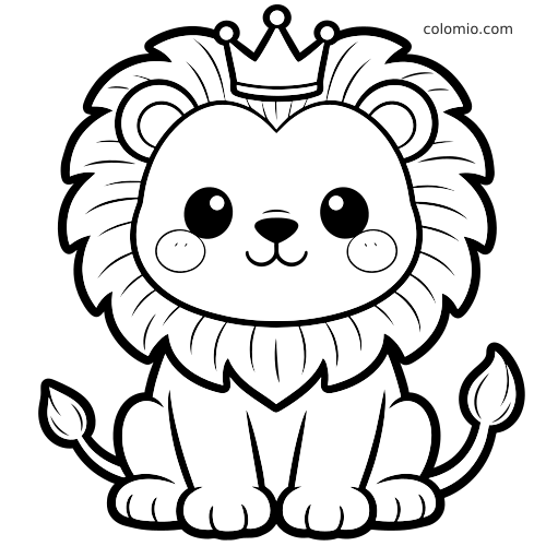 Lew w stylu kawaii siedzi przodem i ma na głowie koronę, dużą grzywę, okrągłe oczy oraz proste kontury.