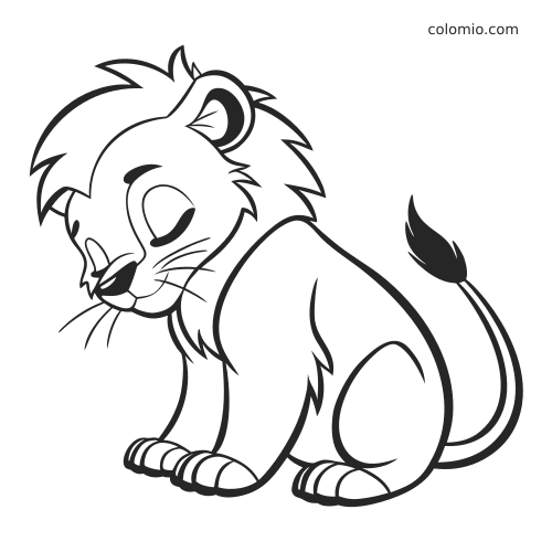 Mały kreskówkowy lew siedzi z zamkniętymi oczami, ma puszystą grzywę i zakrzywiony ogon w prostej czarnej konturze.