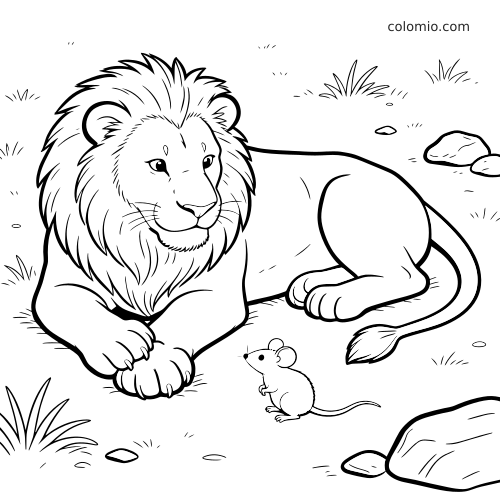 Lew leży na ziemi i patrzy na małą myszkę; wokół widać trawę i kamienie w czarno-białej scenie z bajki.