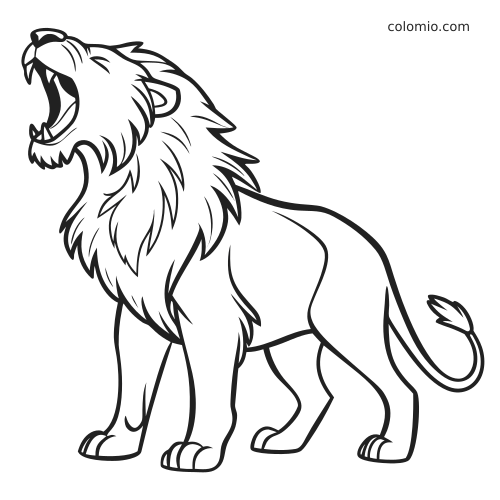 Szczegółowy rysunek konturowy ryczącego lwa samca z profilu, z bujną grzywą, otwartą paszczą i wyraźnymi liniami.