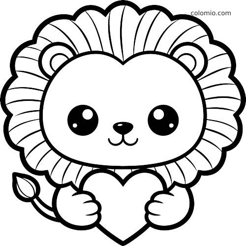 Lew w stylu kawaii z puszystą grzywą trzyma duże serce, narysowany prostą czarno-białą kreską.