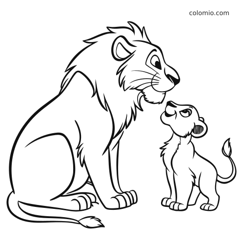 Rysunek konturowy przedstawia siedzącego lwa obok lwiątka, które patrzy w górę na dorosłego lwa.