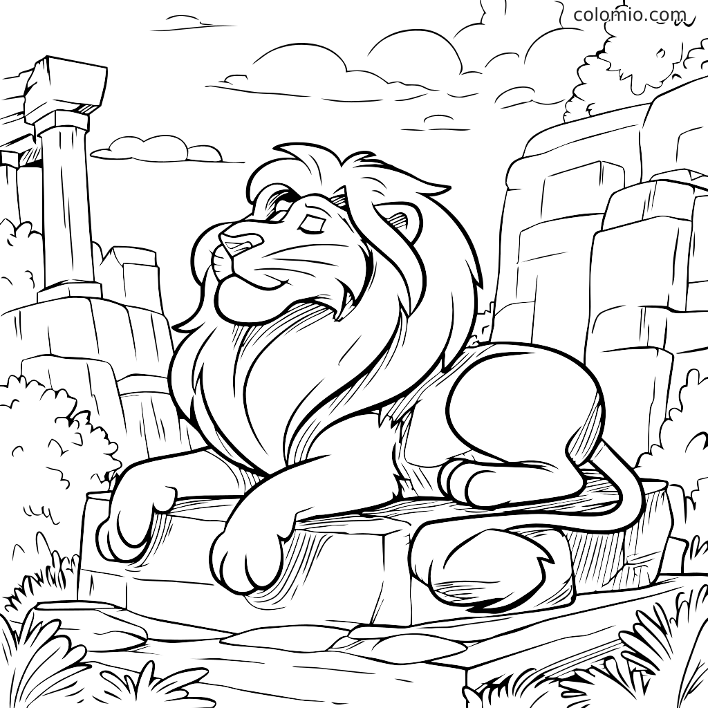Szczegółowa kolorowanka przedstawiająca majestatycznego lwa odpoczywającego na skale z malowniczym tłem.
