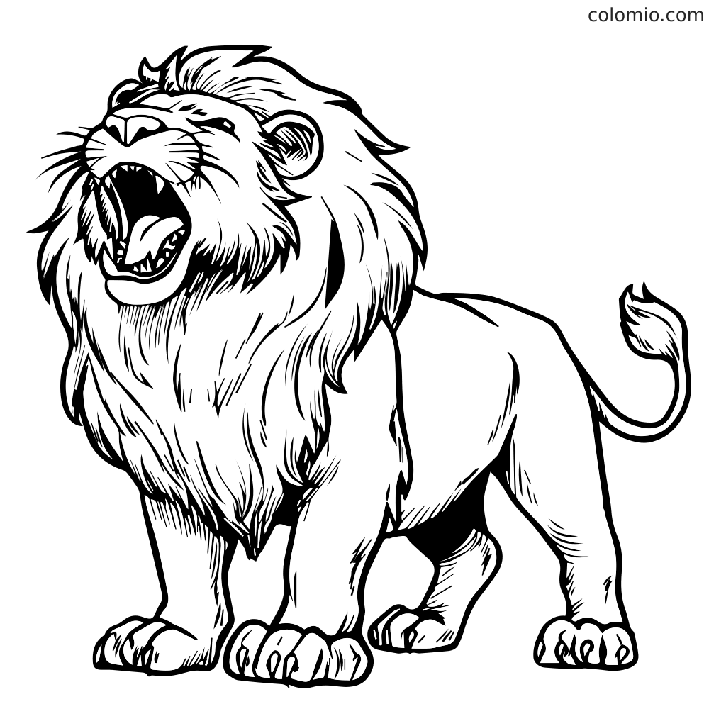 Szczegółowy rysunek linii ryczącego lwa, idealny do kolorowania.