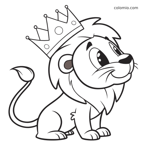 Lew z koroną pokazany z profilu, siedzący z długim zakręconym ogonem, puszystą grzywą i dużymi oczami.