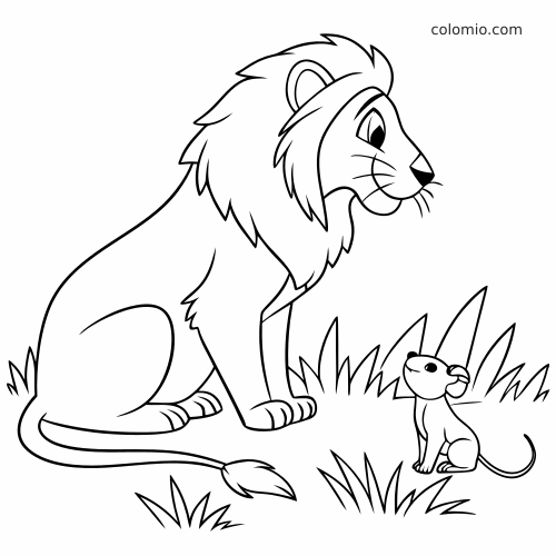 Prosta czarno-biała scena przedstawia siedzącego lwa w trawie, który patrzy na małą myszkę obok siebie.