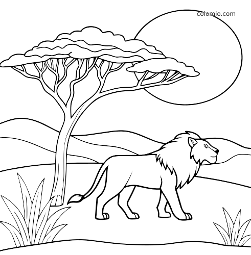Prosty rysunek konturowy przedstawia lwa stojącego na sawannie obok akacji, z dużym słońcem i wzgórzami w tle.