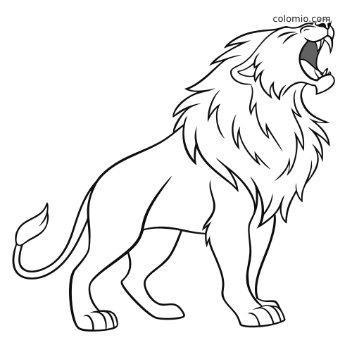 Prosty rysunek konturowy ryczącego lwa samca z profilu, stojącego z dużą grzywą i otwartym pyskiem.