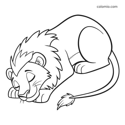 Rysunek przedstawia śpiącego lwa zwiniętego w kłębek, z puszystą grzywą, zamkniętymi oczami i ogonem wokół ciała.