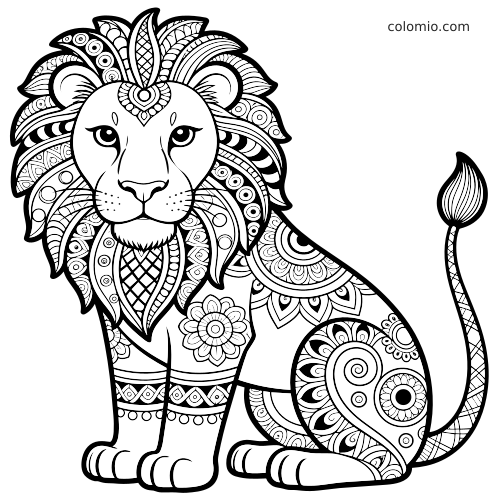 Siedzący lew pokazany z przodu, z ozdobną grzywą oraz szczegółowymi wzorami zentangle na ciele, łapach i ogonie.