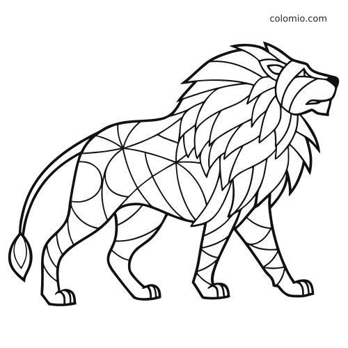 Lew z profilu z warstwową grzywą oraz prostymi geometrycznymi wzorami zentangle na tułowiu i nogach.