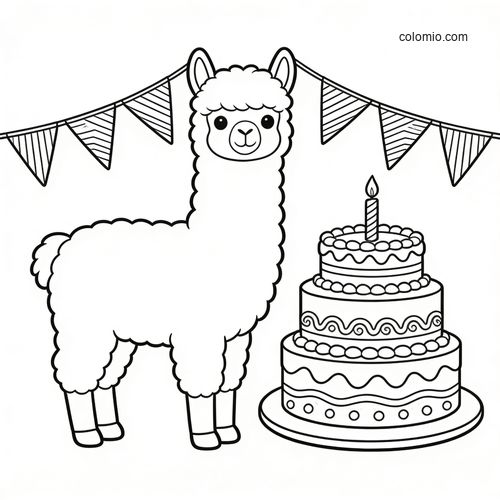 A cute cartoon alpaca stands beside a three-tier birthday cake under party bunting in a simple black-and-white outline.