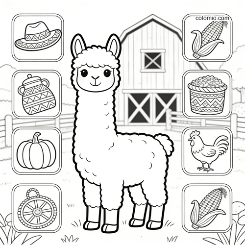 A cute cartoon alpaca stands in front of a barn, surrounded by farm object icons like a hat, corn, pumpkin, and chicken.