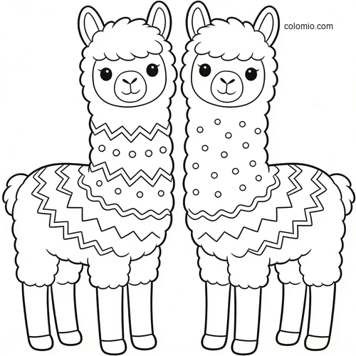 Two cute alpacas standing side by side with fluffy wool and simple decorative zigzag and dot patterns.