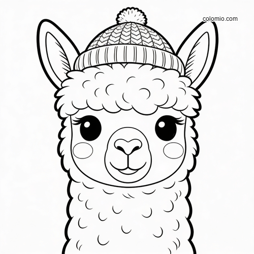 Front-facing cute alpaca portrait with fluffy wool and a knitted pom-pom hat in a simple cartoon outline style.