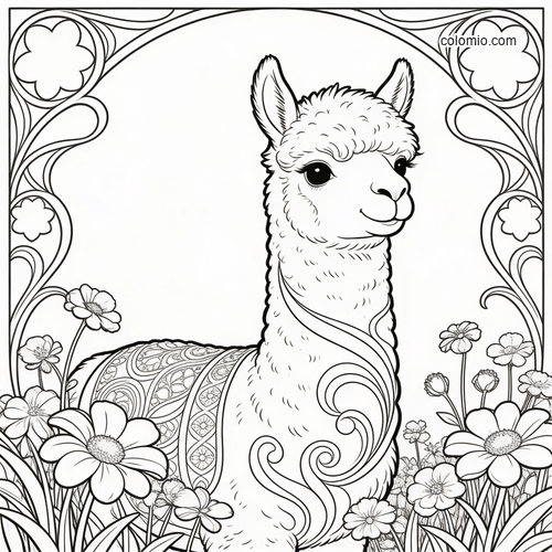A fluffy alpaca in an Art Nouveau style frame, surrounded by wildflowers and decorative swirling patterns.
