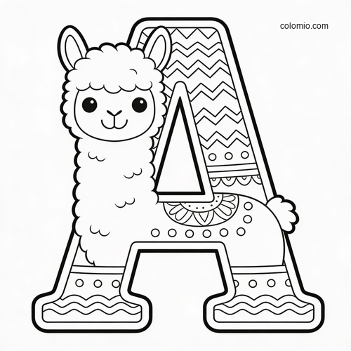 A large decorative letter A with zigzag patterns and a cute smiling alpaca standing in front of it.