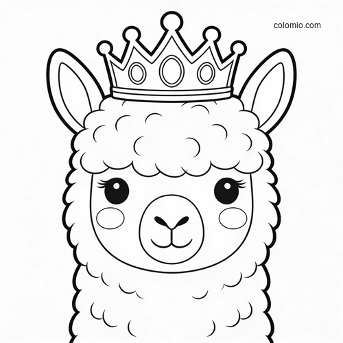 Front-facing cute alpaca portrait with fluffy wool and a jeweled crown in simple black-and-white line art.