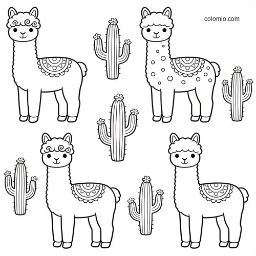 Black-and-white counting worksheet with four cute alpacas and five cacti in a simple cartoon style.