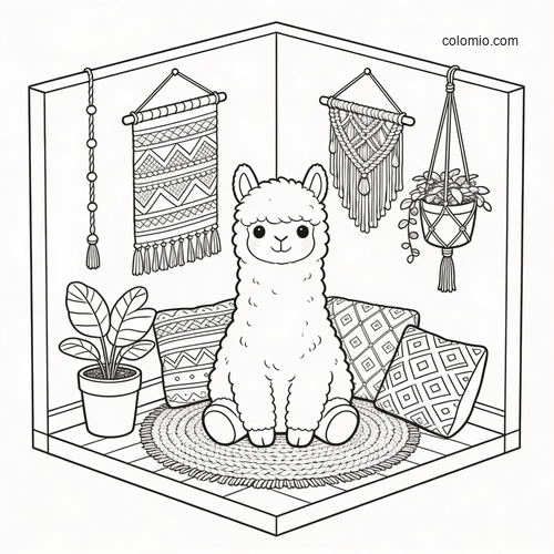 A fluffy alpaca sits on a round rug in a cozy boho room with pillows, wall hangings, and hanging plants.