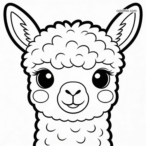 Front-facing cute baby alpaca portrait with fluffy wool, big round eyes, and simple bold outlines for coloring.