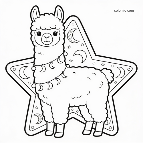 Cute fluffy alpaca standing in front of a large star, wearing a moon garland necklace with crescent moons and stars.