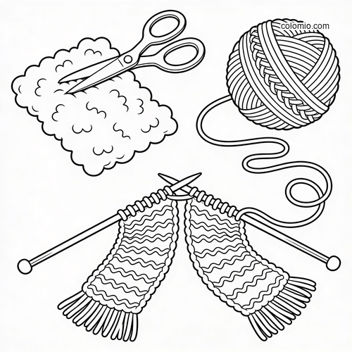 Black-and-white worksheet showing fleece, scissors, a ball of yarn, and knitting needles with a scarf in progress.