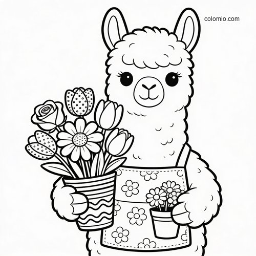 A cute cartoon alpaca florist wearing a flowered apron and holding a bouquet of tulips, daisies, and roses.