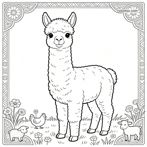 A cute fluffy alpaca stands in a farm poster scene with flowers, a chicken, and two small sheep inside a decorative border.