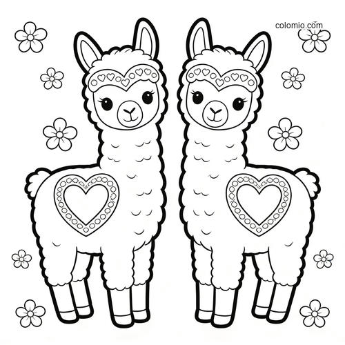 Two cute alpacas standing side by side with heart decorations on their sides, surrounded by simple flowers in a cartoon style.