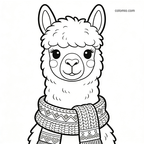Black-and-white coloring page of a cute alpaca facing forward, wearing a patterned holiday scarf with fluffy fur and big eyes.