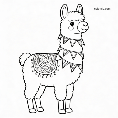 A cute llama stands in profile wearing festival bunting and a patterned blanket with tassels in a simple black and white outline.