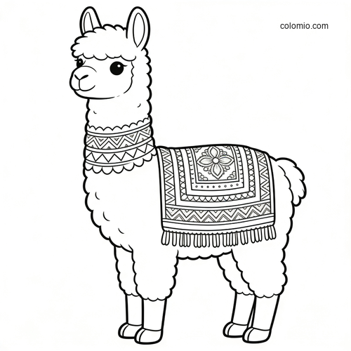 A cute fluffy llama standing in profile, wearing a detailed patterned blanket and decorative collar in black and white.