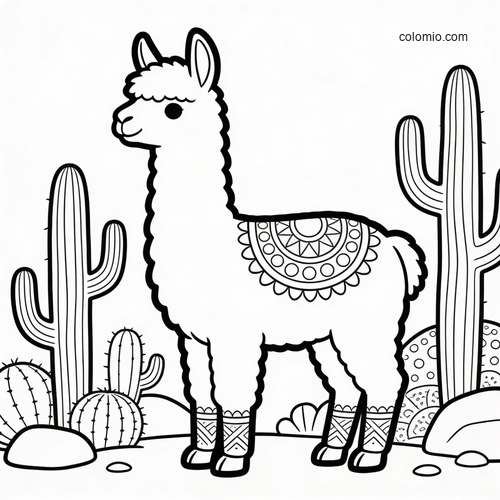 A cute cartoon llama stands in a desert scene with tall cacti, rocks, and a decorative blanket on its back.