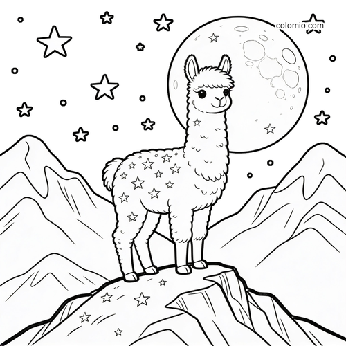 A fluffy alpaca stands on a rocky mountain ridge under a large moon and scattered stars in a simple black-and-white scene.