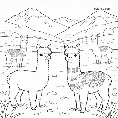 Four alpacas standing in a wide mountain pasture panorama, drawn in a clean black-and-white cartoon style.