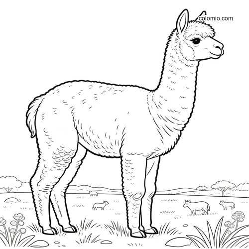 A realistic alpaca standing in a pasture, shown in side view with fluffy fur and a simple landscape in the background.