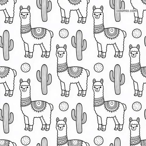 Black-and-white repeat tile pattern with cute alpacas, tall cacti, and fluffy pom-pom shapes in a simple cartoon style.