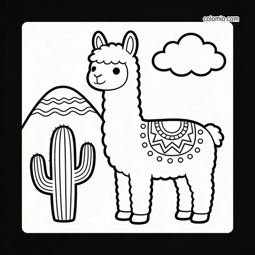 Simple black-and-white alpaca standing beside a cactus, with a hill and cloud in a clean cartoon outline style.