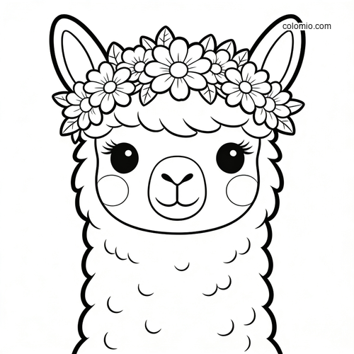 A cute alpaca facing forward with big eyes and a flower crown, drawn in a simple black-and-white cartoon style.
