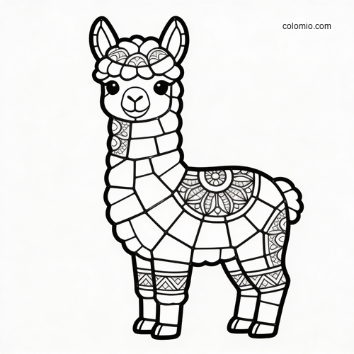 A front-facing alpaca with stained glass mosaic sections and decorative patterned details in a bold black outline.