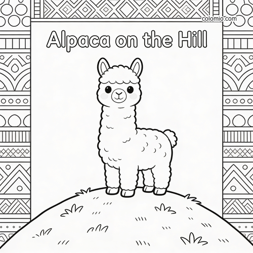 A cute alpaca stands on a grassy hill in a simple storybook cover layout with decorative patterned borders and title text.