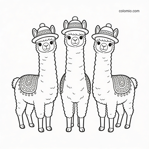 Black-and-white coloring page of three llamas standing in different poses, each wearing a decorative hat and saddle blanket.
