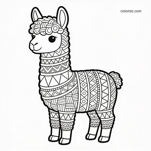 A black and white llama standing in profile, filled with zentangle woven patterns and geometric bands across its body.