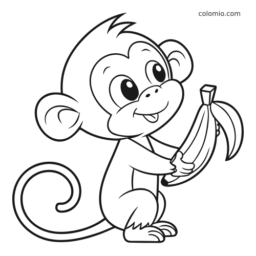 Una scimmietta in stile cartone, con testa grande e occhi grandi, tiene una banana sbucciata mentre è seduta con la coda arricciata.