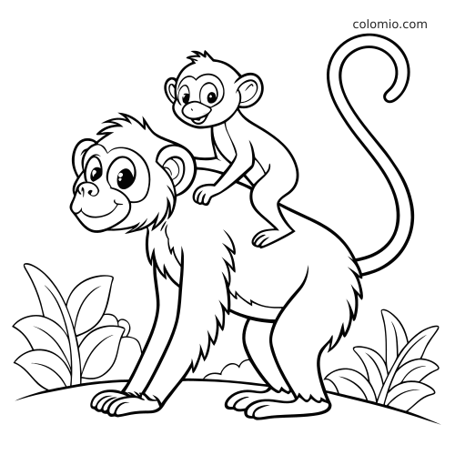 Una mamma scimmia in stile cartone cammina con il suo cucciolo sulla schiena, tra semplici piante della giungla e una lunga coda arricciata.