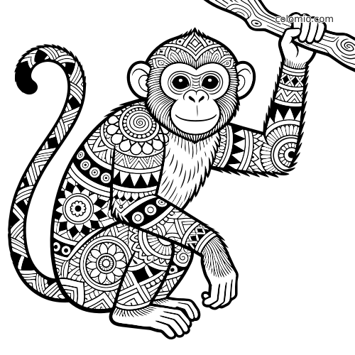Una scimmia appesa a un ramo di albero, decorata con complessi motivi zentangle e contorni neri marcati.