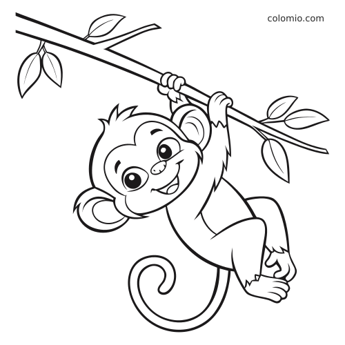 Una scimmietta in stile cartone animato è appesa con una mano a un ramo, sorride e ha grandi occhi e la coda arricciata.