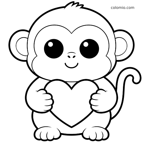 Una scimmietta in stile kawaii con grandi occhi è seduta e tiene un grande cuore in un semplice contorno bianco e nero.
